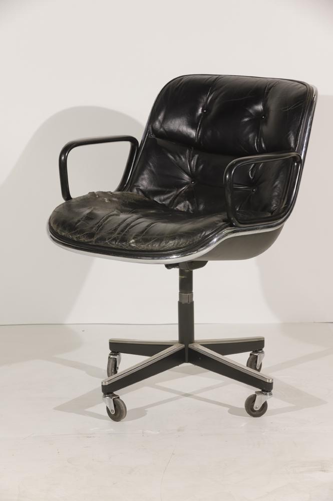 Charles Pollock Black Leather Chair by Knoll: Charles Pollock Black Leather Chair by Knoll, Knoll Corp - Art Metal lael, 34"h x 26.5"w x 28"d