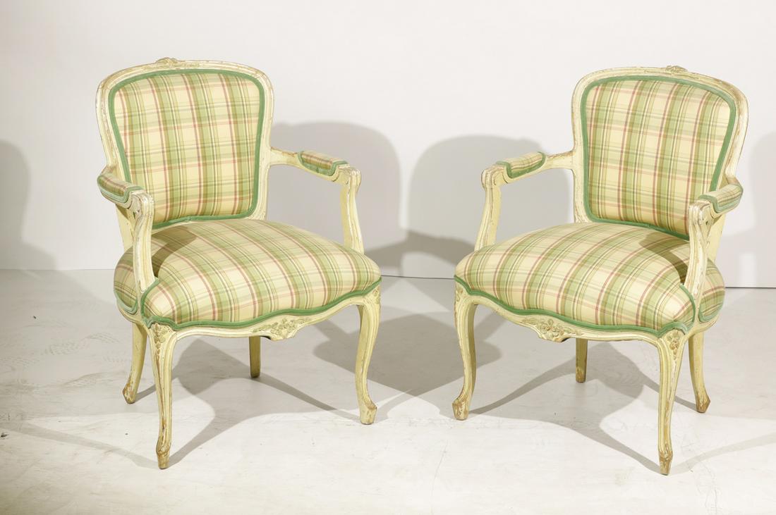 Maison Jansen Bergere Chairs, Pair: Original finish, branded JANSEN, 32"h x 23"w x 22"d