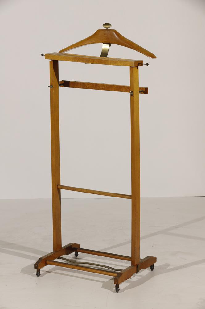 Brevettato Italian Valet Stand: Wood and brass, 1950s-60s, signed Brevettato Made in Italy, original finish, 39.5"h x 16"w x 6"d