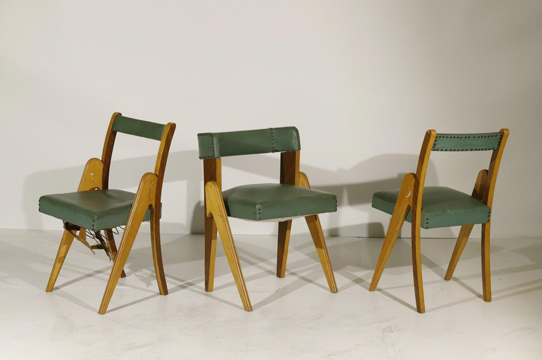 Set of three K.E.M. Weber Style chairs: Set of three K.E.M. Weber Style chairs, birch plywood original green vinyl upholstery, original finish, 32"h x 22"w x 18"d