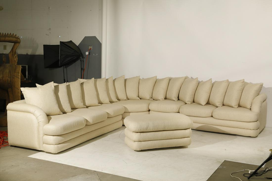 Steve Chase Custom Sectional Sofa in Five Parts: Large Steve Chase Custom Sectional Sofa in Five Parts, From a Rancho Mirage, California estate. Three-cushion section at left: 27"h x 78"w x 38"d; corner section: 70"w x 43"d; single seat section: 25"
