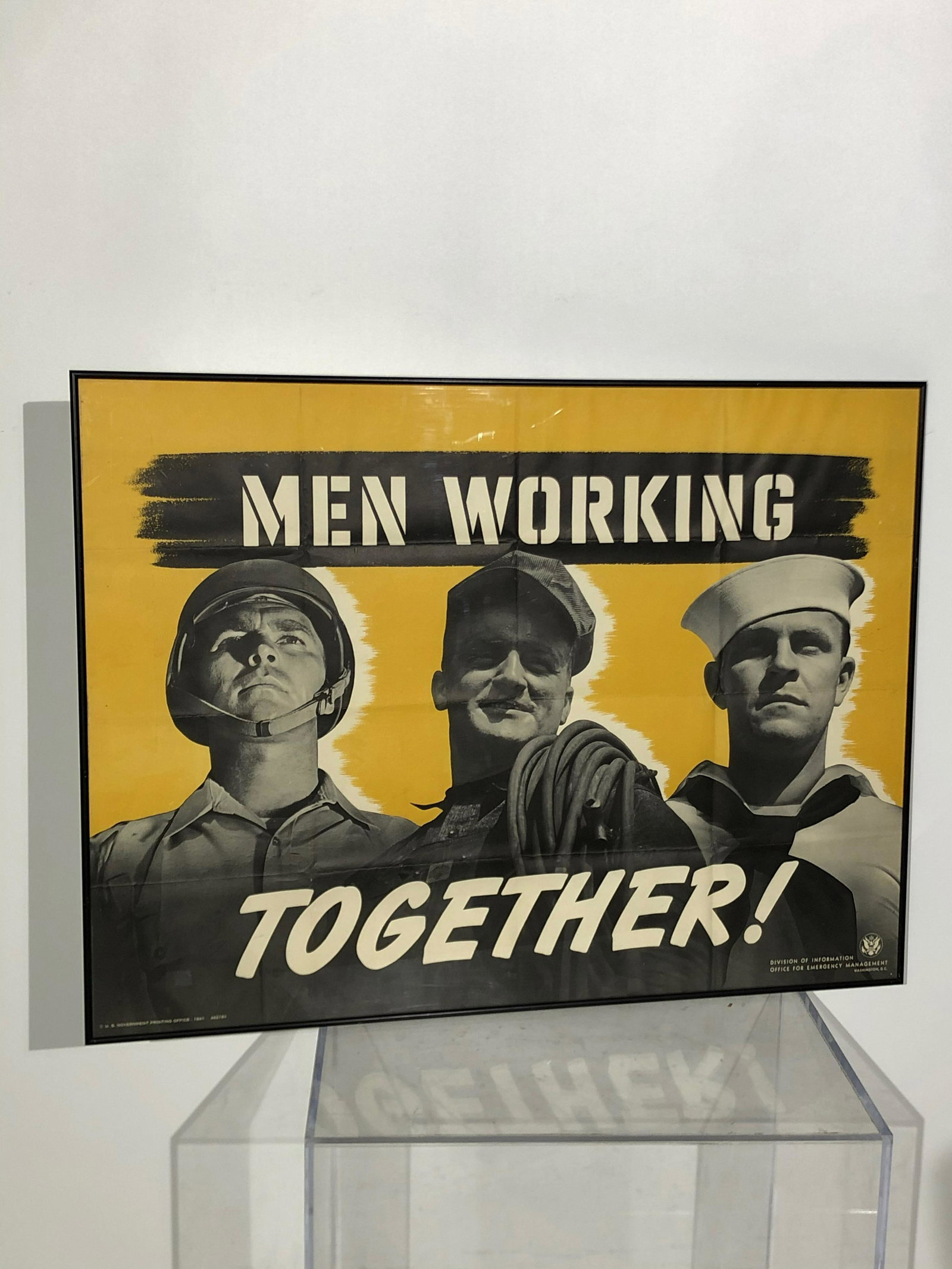 WPA Men WorkingTogether! Lithograph: WPA Men WorkingTogether! Lithograph, U.S. Government Printing Office 1941, Division of Information Office for Emergency Management, Washington, DC, framed. The framed size is:30" x 40".There are two v