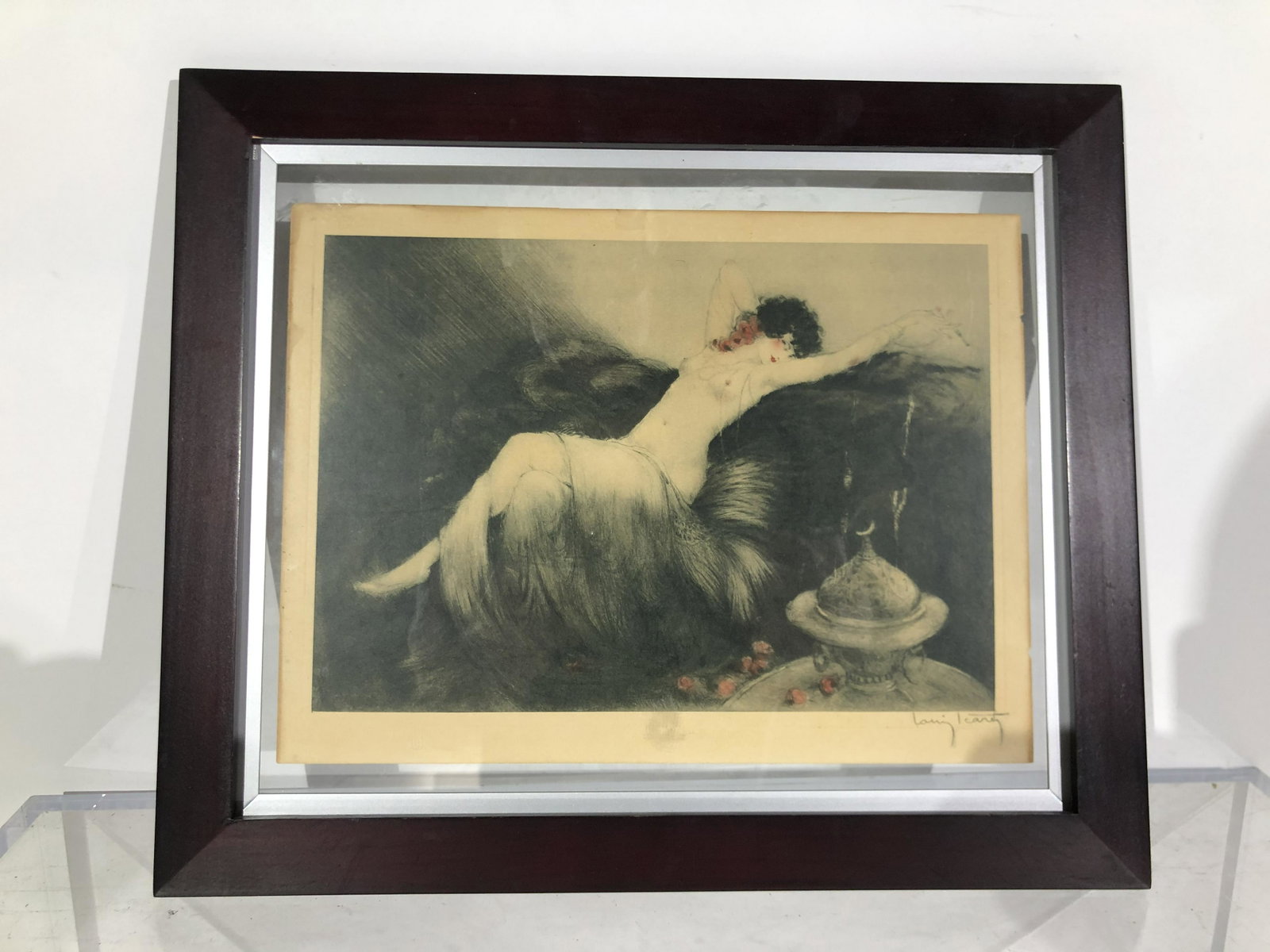 Louis Icart Lithograph of Reclining Nude Woman: Louis Icart Lithograph of Reclining Nude Woman, pencil-signed, framed, image size: 12" x 9"