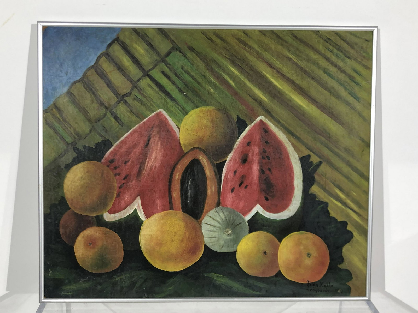 After Frida Kahlo Acrylic on Board: After Frida Kahlo Acrylic on Board, Still Life, signed "Frida Kahlo Coyoacan", framed