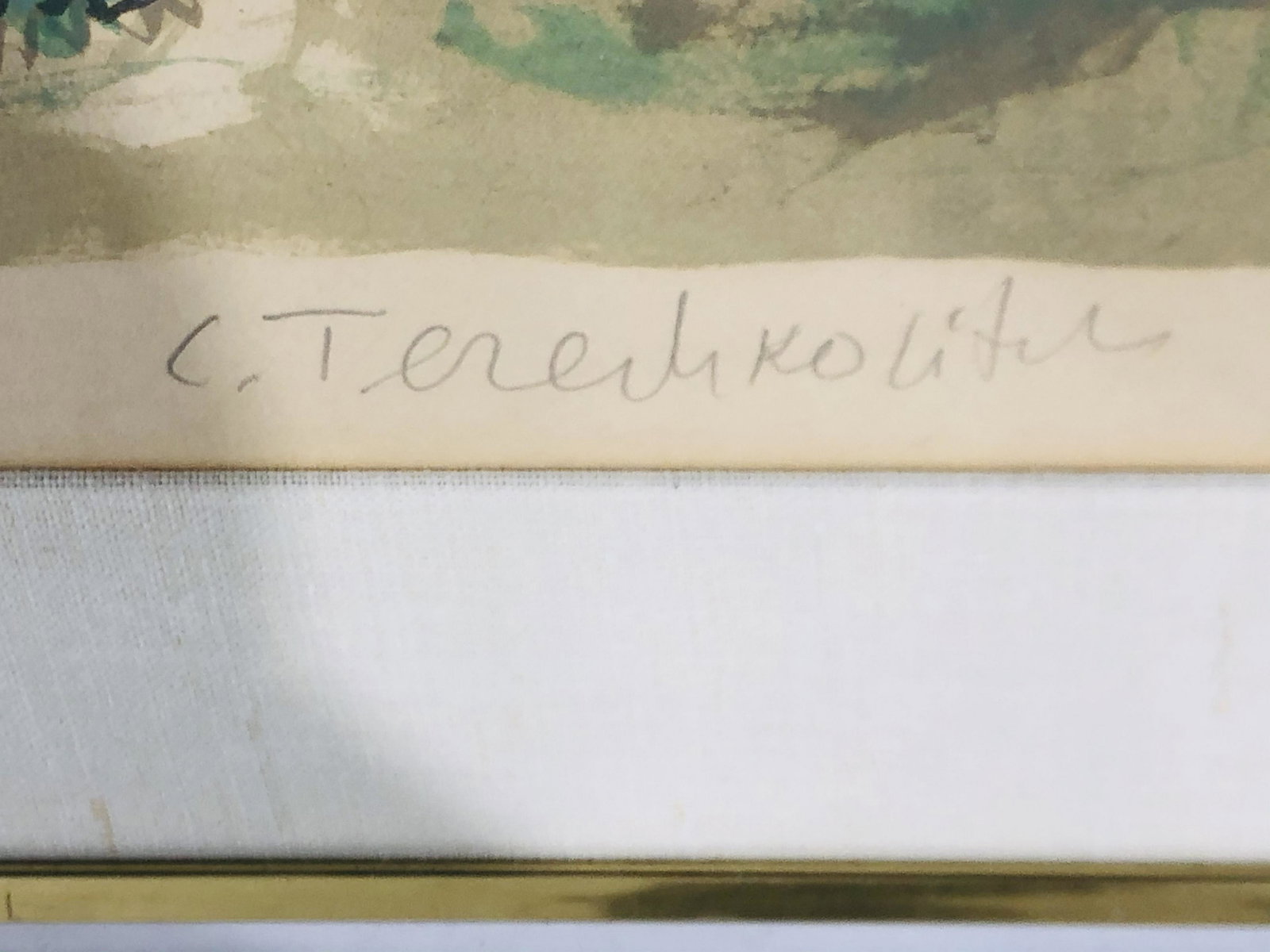 Constantin ("Costia") Terechkovitch Lithograph: Constantin ("Costia") Terechkovitch Lithograph, "Dans Les Vignes", post-Impressionist style featuring two women and a dachshund, matted and framed, numbered 38/150, print is 27" x 21", Redfern Gallery