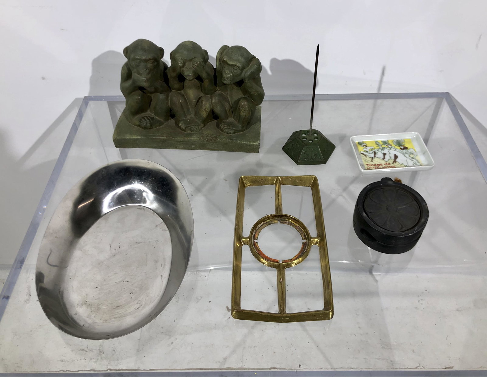 Lot of 5 Objects including Toulouse Lautrec Dish: Lot of 5 Objects including Toulouse Lautrec Dish, Three Wise Monkeys sculpture, all vintage