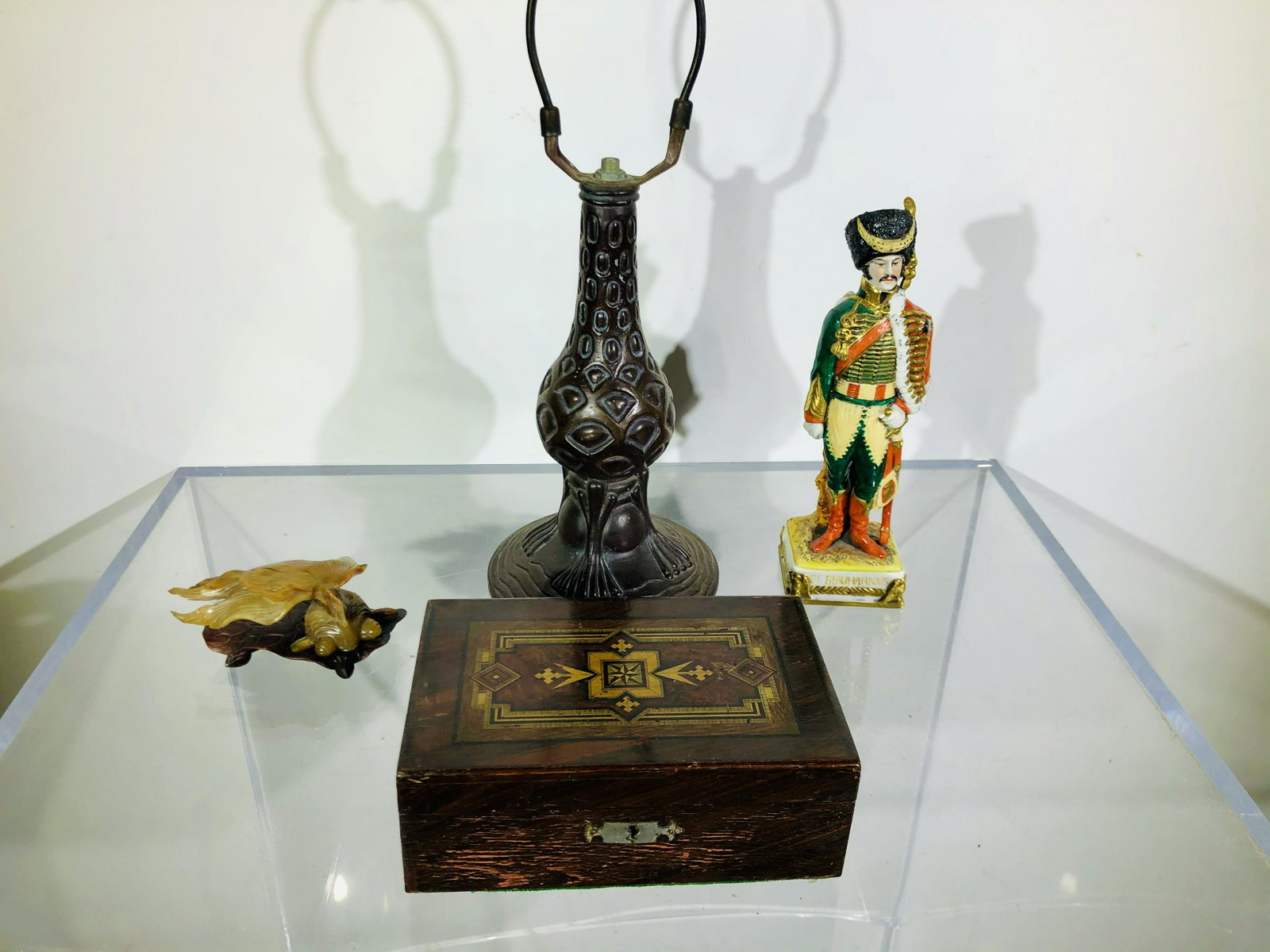 Lot of 4 Vintage Accessories: Lot of 4 Vintage Accessories including a Tiffany Style lamp base, porcelain sculpture of a figure, and a wood jewelry chest / box