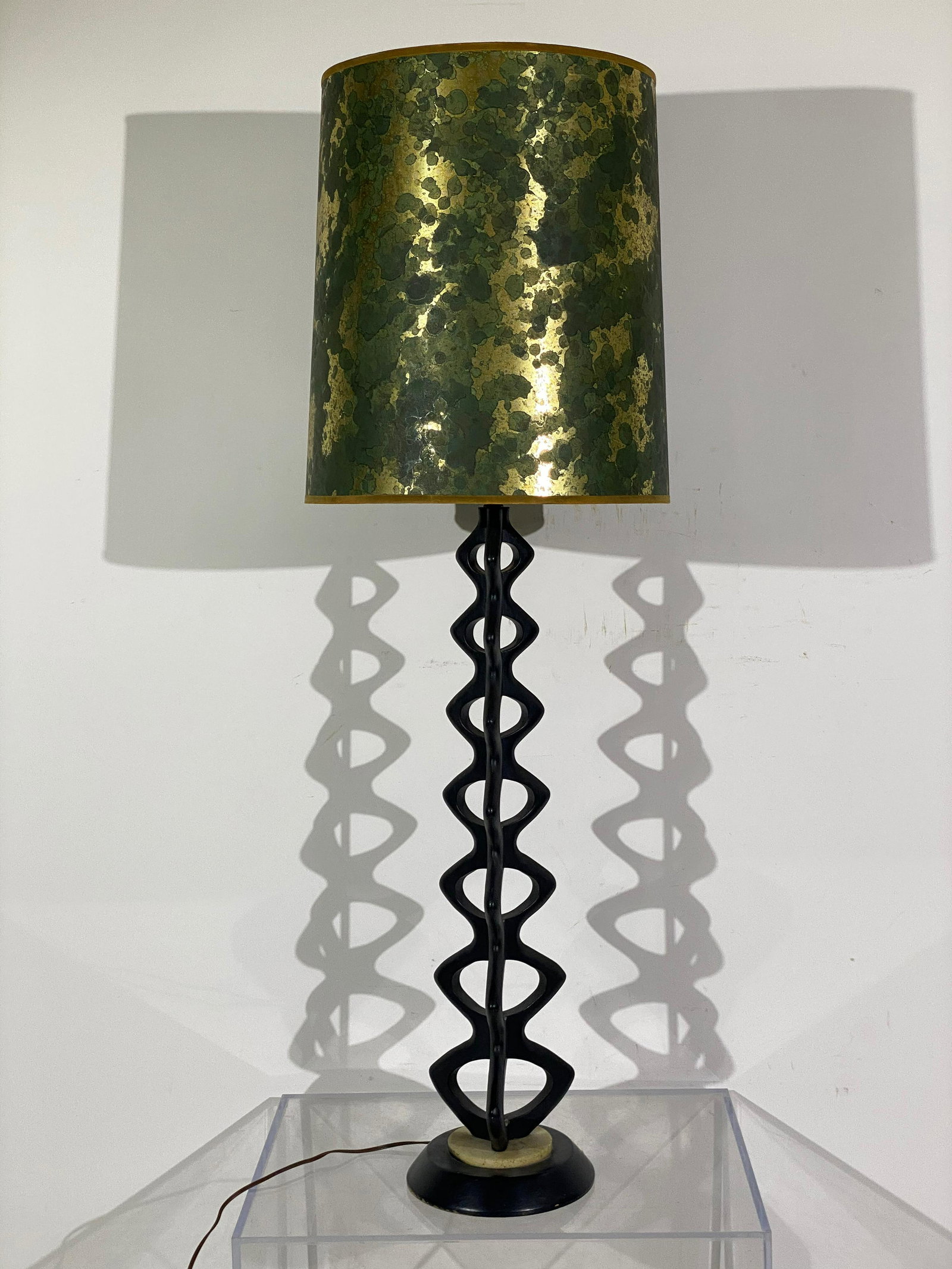 Large Vintage Modeline Table Lamp: Large Vintage Modeline Table Lamp, ebonized wood, original shade, Modeline label, 52"h as shown