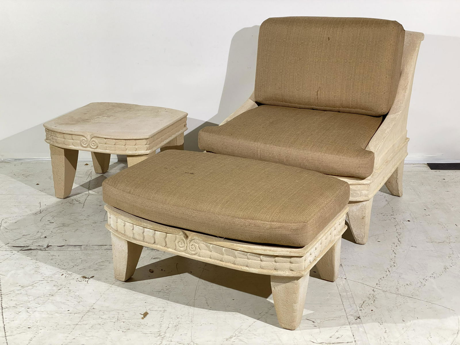 Michael Taylor Style Lounge Chair Ottoman & Table: Faux Stone Look Fiberglass Lounge Chairs with ottoman, with a matching occasional table, brown upholstered cushions