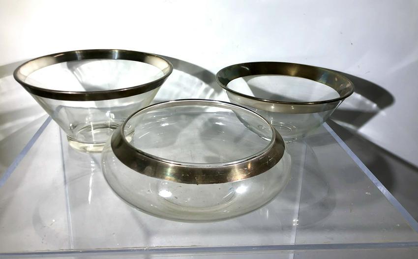 Group of 3 Dorothy Thorpe Silver Rimmed Bowls: Group of 3 Dorothy Thorpe Silver Rimmed Bowls, glass