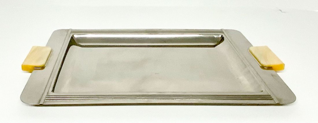 Italian Stainless Steel tray with Bakelite Handles: 1.5H x 24.5W x 15.5D