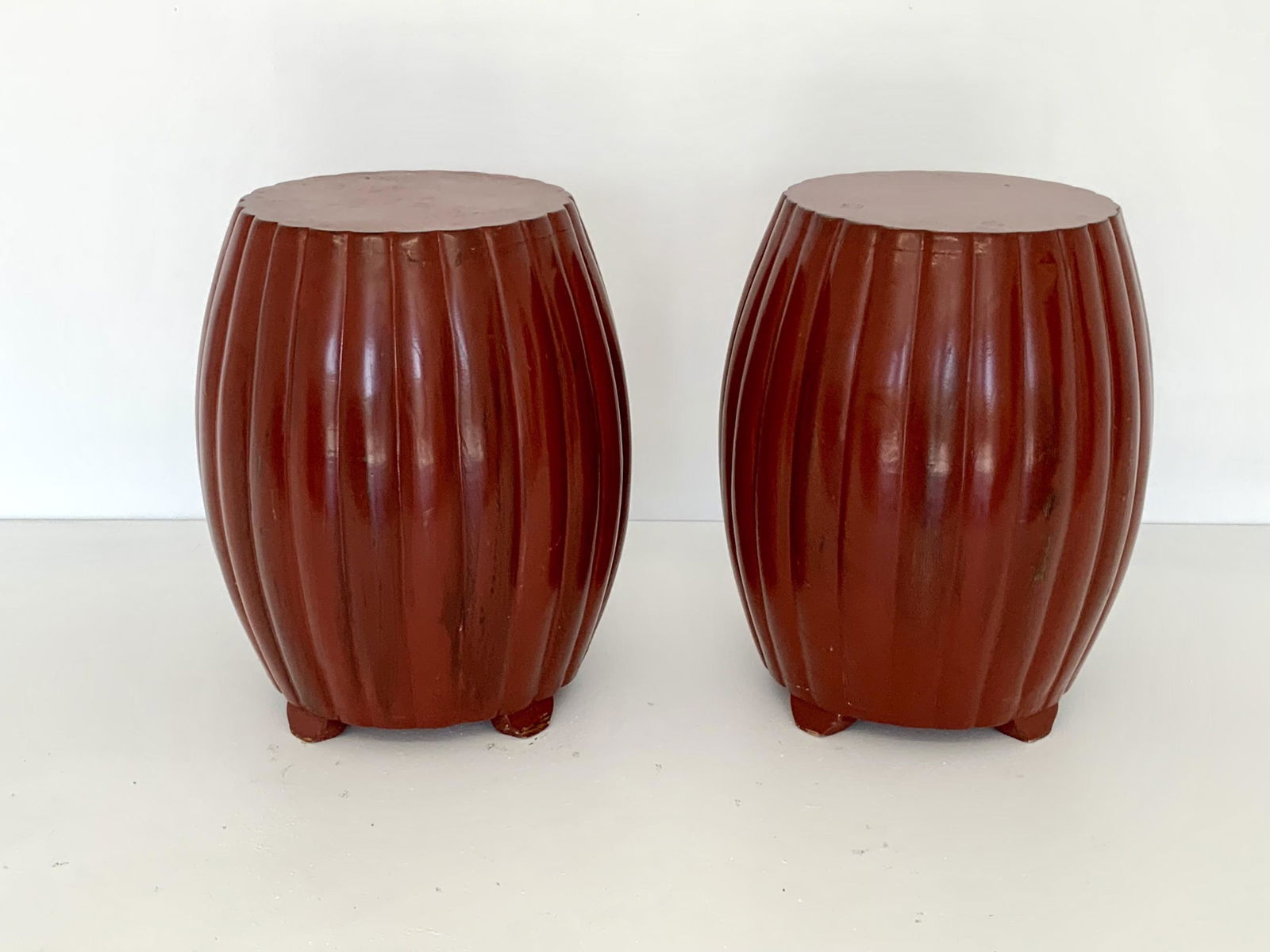 Karl Springer Red Laqured Drum Tables: 21H x 10 Diameter