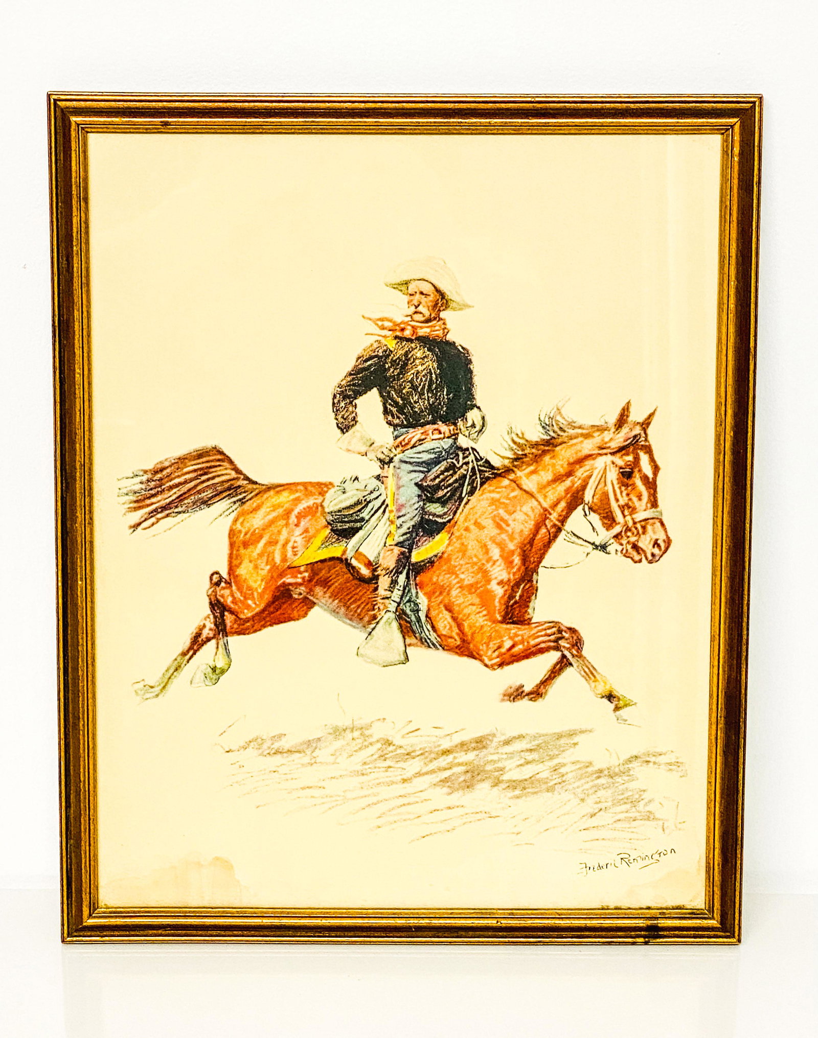 Calvary Soldier on Horse Signed by Frederic Remington: 17H x 14W
