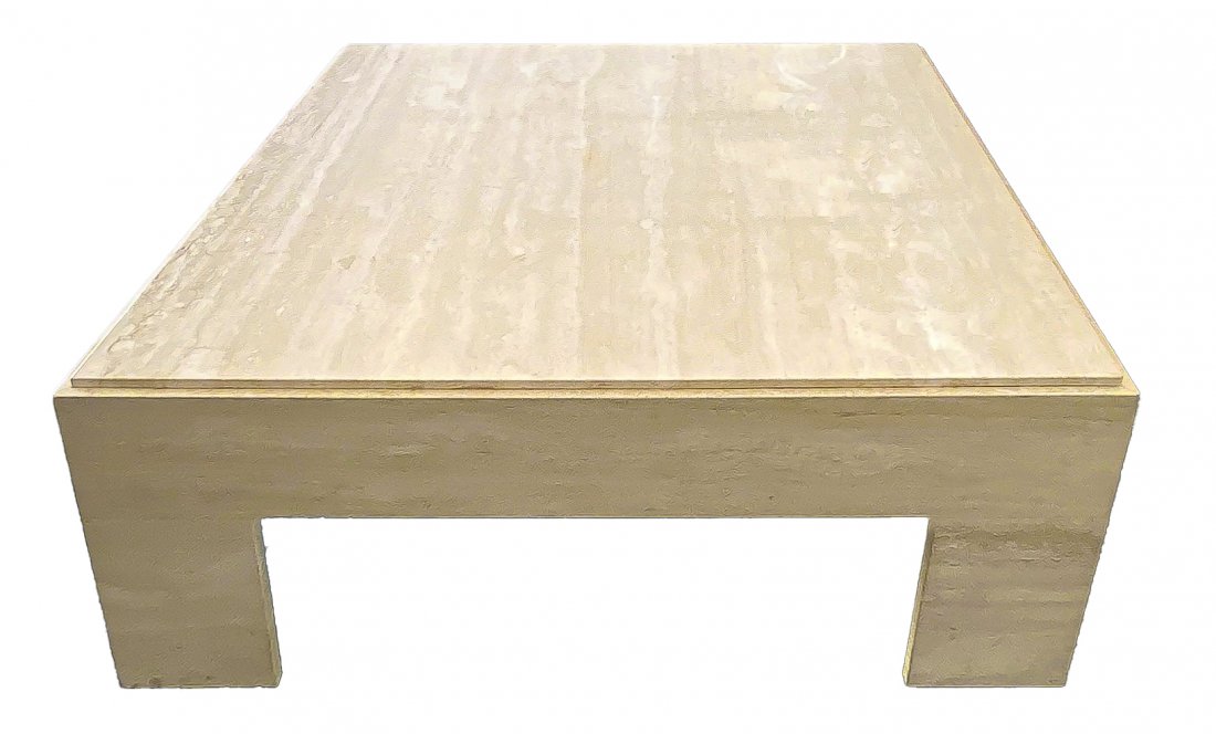 Samuel Marx Style Large Travertine Cocktail Table: 19.25H x 42W x 42D