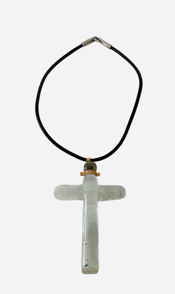 Gucci Crystal Cross w/18k top on black cord: Neck = 5.5" DiameterCross = 3.5 x 2.5