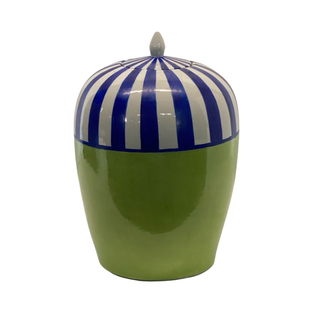 Blue/White/Green Covered fired clay Container: 12 H X 9 Diameter