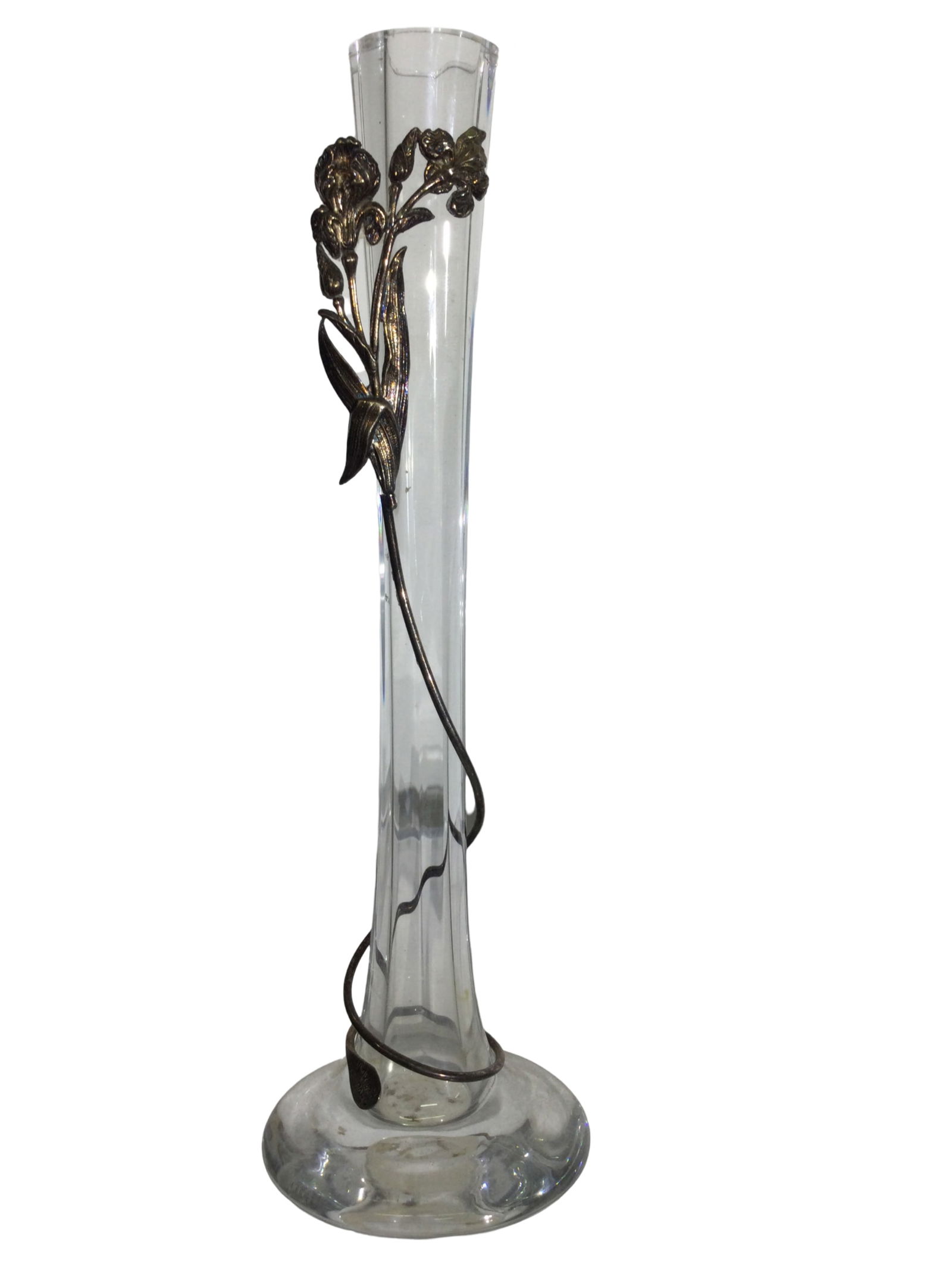 Sterling and Glass Vase: 11H x 3 DiameterSterling and Glass Vase