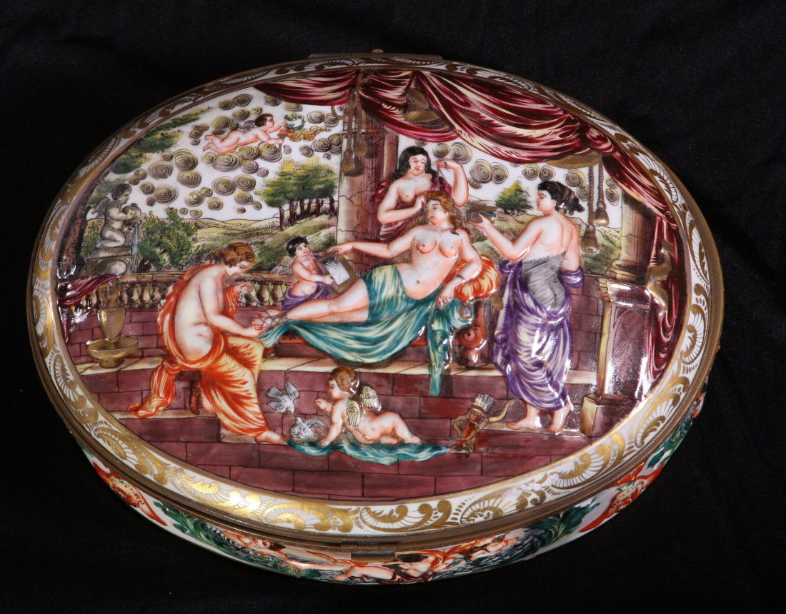 Large Capodimonte Hinged Box: Large Capodimonte Hinged Box. Dimensions: 13" long, 10" deep.