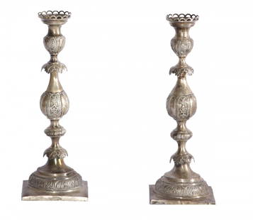 Pair 84 Russian Embossed/Engrav. Silver Candesticks: Pair of "84" Russian Embossed & Engraved Silver Candlesticks, Hallmarked and dated "1874 & 1892, J.A Goldman." Dimensions: 14.25" high.