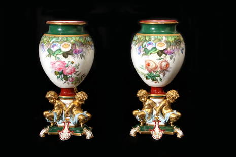 2-Part Pair Old Paris Vases w/Gilted Putti Supports: Two-Part Pair of Old Paris Vases, Floral-decorated with Gilted Putti Supports. Dimensions: 20" high.