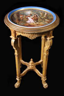 19th C Gilt Wood Table w/Scenic Porcelain Plaque: 19th Century Gilt Wood Table, with Scenic Porcelain Plaque. Dimensions: 19" diameter