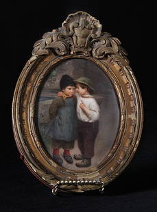 KPM Oval Porcelain Plaque of Children: KPM Oval Porcelain Plaque of Children with Original Marked and Stamped Paper Labels , one with Plaque Title. Dimensions: 5" x 7"