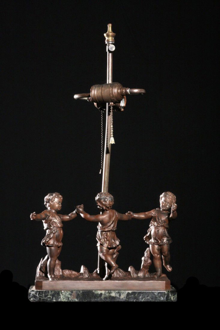 3 Cherub Patinated Metal Table Lamp on Marble Base: 3 Cherub Patinated Metal Table Lamp on Marble Base. Artist signed, J. Garnier (with French Foundry Seal) Dimensions: 22" high and the Base is 8"H x 10" x 4.5"