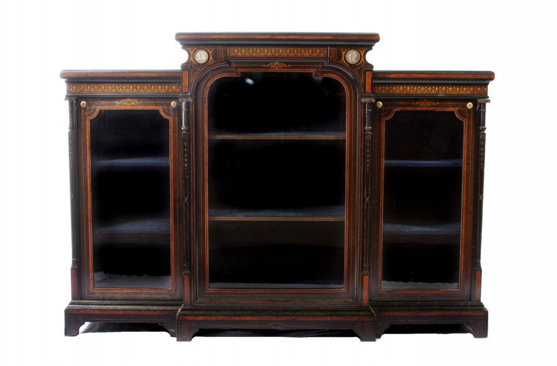 19th Century Ebonized Mahogany Vitrine: 19th Century Ebonized Mahogany Vitrine with Asthetic Inlays and Wedgwood Plaques. Dimensions: 68" long, 19" deep, 48" high.