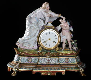 Fine 2-Part 19th C Chantilly Figural/Scenic Clock: A Fine Two-Part 19th Century Stamped Chantilly Figural and Scenic Clock retailed by E. Pay & Co New Orleans. Dimensions: 13 1/4"h, 15" x 6"