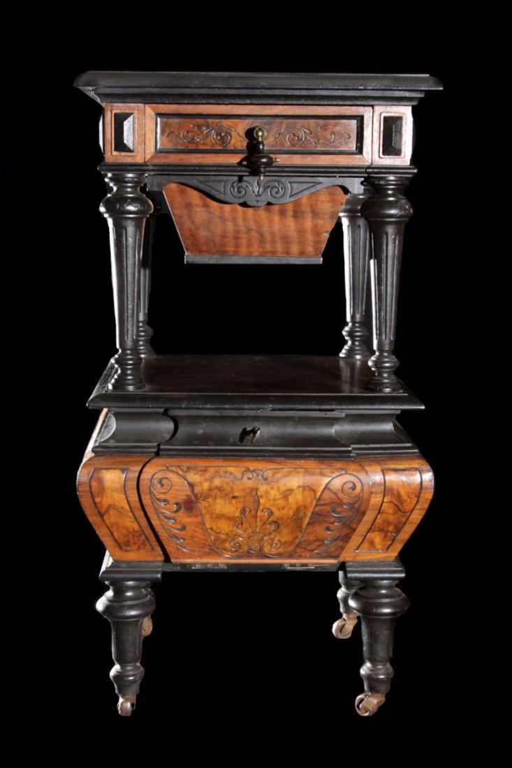 Victorian Walnut Ebonized. 2-Tier Sewing Bkt Table: Victorian Carved Walnut and Ebonized Two Tier Sewing Basket Table, 35 1/2" high, 18 1/2" x 18 1/2"
