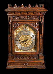 Lge English Chiming Oak Bracket Clock Gothic Style: Large English Chiming Oak Bracket Clock in the Gothic Style. Dimensions: