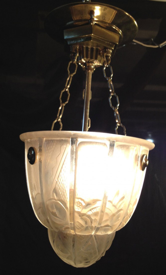 Art Deco Floral Satin Glass/Bronze Ceiling Fixture: Art Deco Floral Design Satin Glass & Bronze Ceiling Fixture. Dimensions: 14" high, 7.75" diameter.