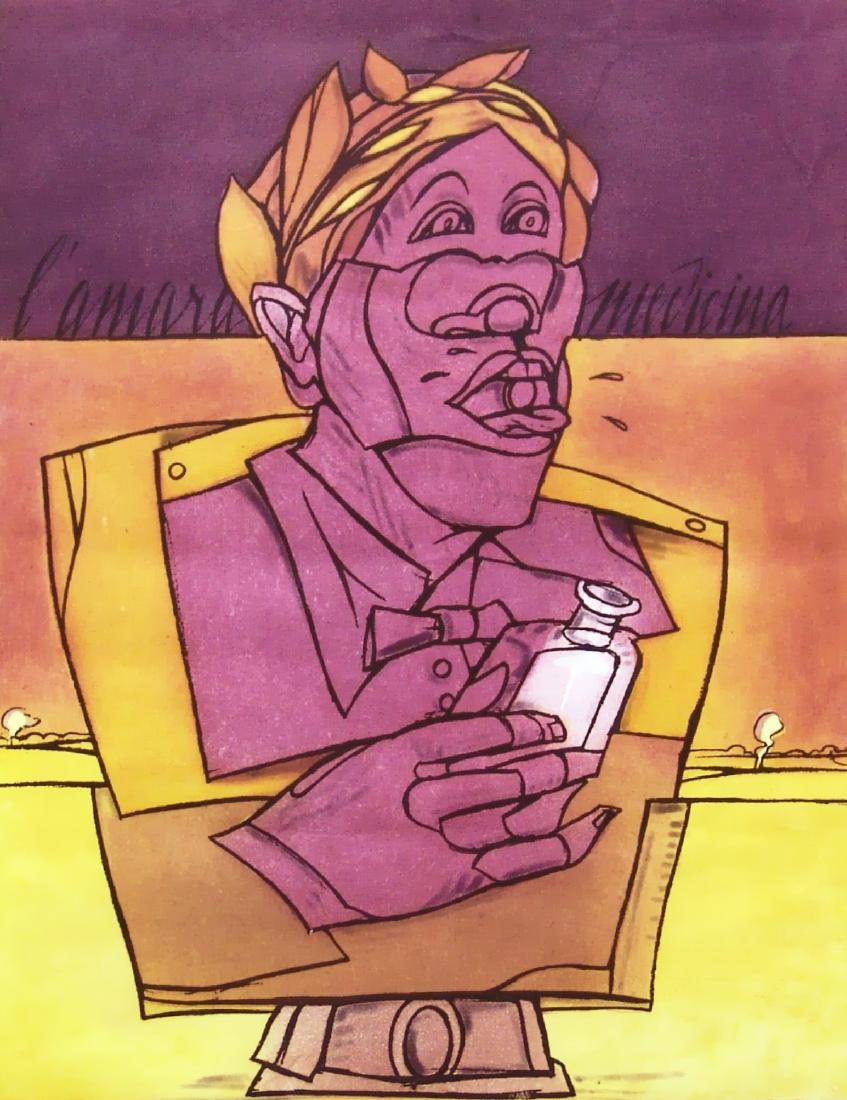 Valerio Adami 1935, Bologna (Bo) - [Italia] L'amara: acquaforte acquatinta 48,5x34,5 cm es. XCIV/CXIII; firma dell’artista in basso a destra; opera con cornice certificato di autenticità Picenum