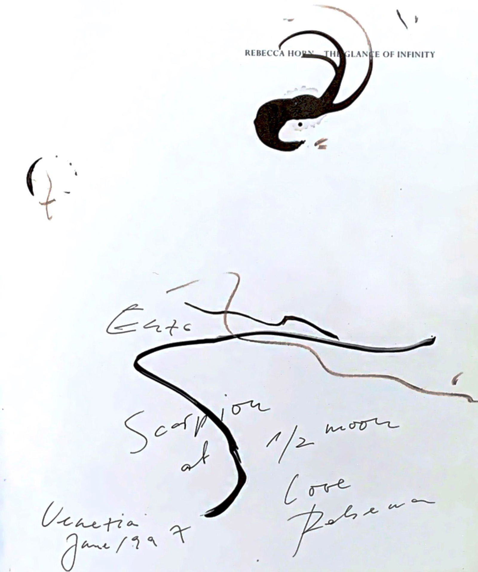 REBECCA HORN (1944, Michelstadt) [Germania] "Scorpion: tecnica mista su carta, 30x24 cm firma dellâ€™artista in basso a destra, dedica ad Enzo Cucchi al centro, opera con cornice provenienza predecente Enzo Cucchi certificato di autenticitÃ Picenu
