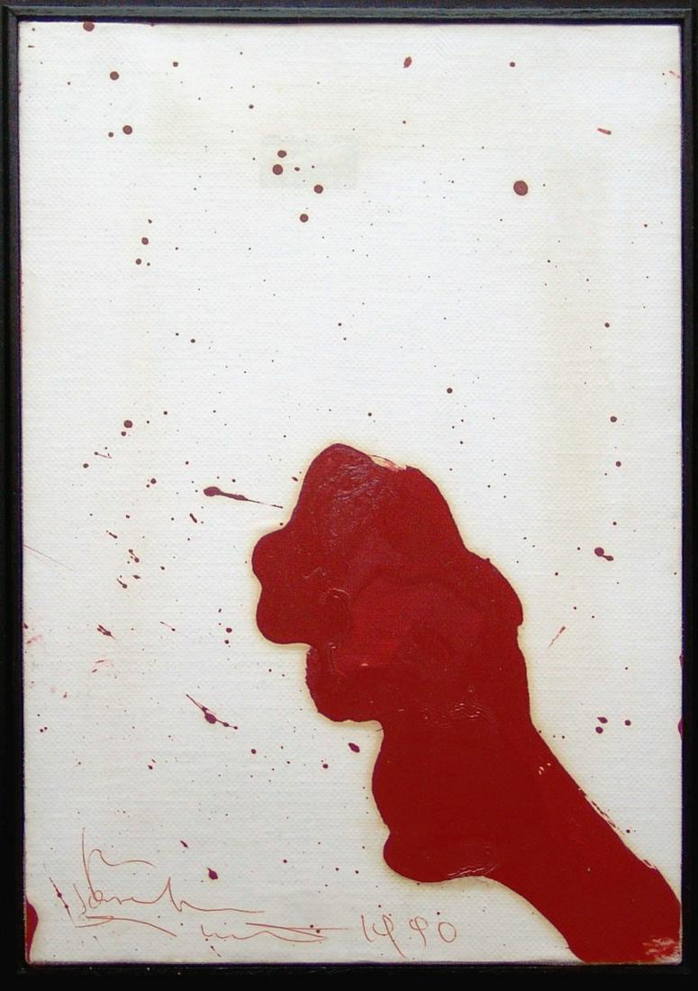 HERMANN NITSCH, senza titolo, 1990: HERMANN NITSCH(1938, Vienna) [Austria]senza titolo, 1990smalto su carta applicata su tela, 35x25 cmfirma dell'artista in basso a sinistra, opera con cornicecertificato di autenticitÃ dell'artista c