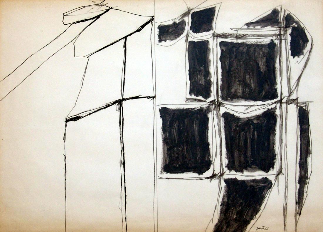 ACHILLE PERILLI, senza titolo, 1966: ACHILLE PERILLI(1927, Roma) [Italia]senza titolo, 1966tecnica mista su carta, 58x78 cmfirma dellâ€™artista in basso a destra, opera con cornicecertificato di autenticitÃ Picenum