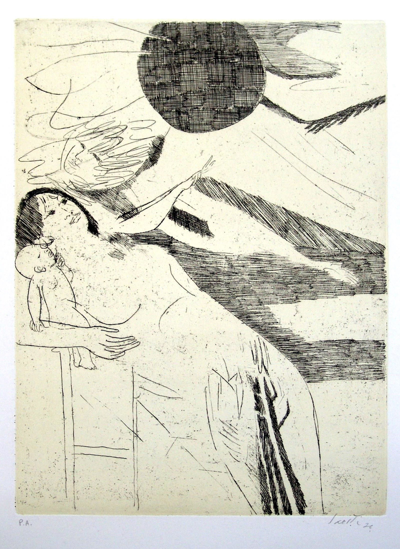 BRUNO SAETTI, senza titolo, 1976: BRUNO SAETTI(1902, Bologna - 1984, Bologna) [Italia]senza titolo, 1976acquaforte, 70x50 cmes. p.a., firma dellâ€™artista e timbro Graphis Arte di Livorno in basso a destracertificato di autentici