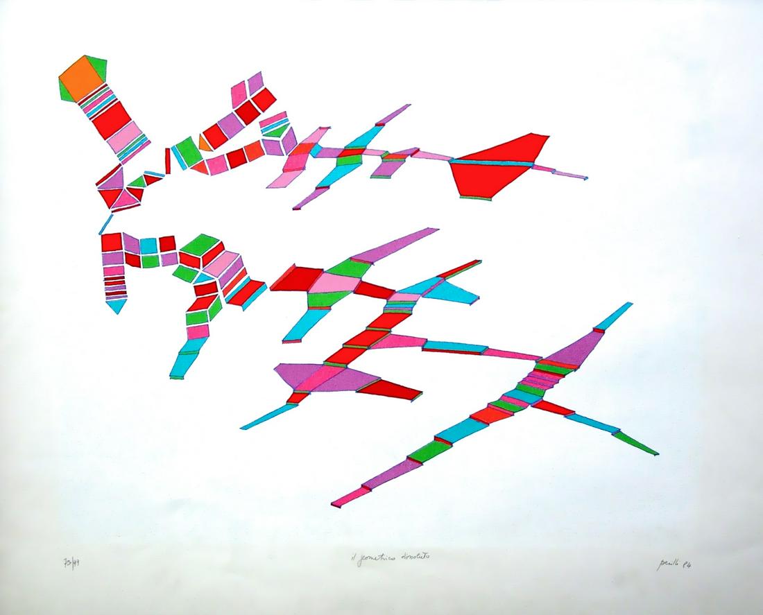 ACHILLE PERILLI, Il geometrico dissoluto, 1984: ACHILLE PERILLI (1927, Roma - 2021, Orvieto) [Italia] "Il geometrico dissoluto" 1984 litografia, 68x84 cm es. 73/99, firma dell'artista in basso a destra certificato di autenticità Picenum