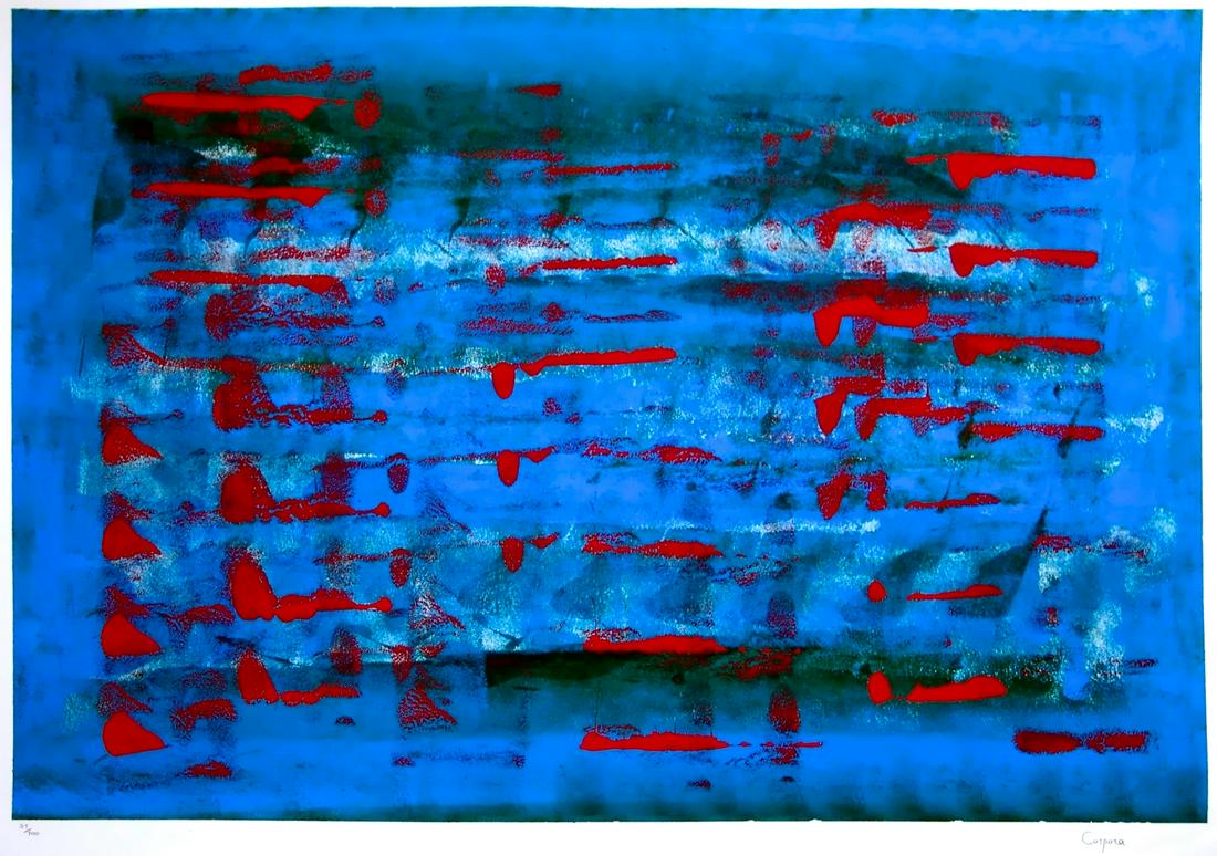 ANTONIO CORPORA, Tracce, 1999: ANTONIO CORPORA (1909, Tunisi - 2004, Roma) [Italia] "Tracce" 1999 litografia, 72x100 cm es. 31/100, firma dell'artista in basso a destra certificato di autenticità della Arte Contemporanea di Le