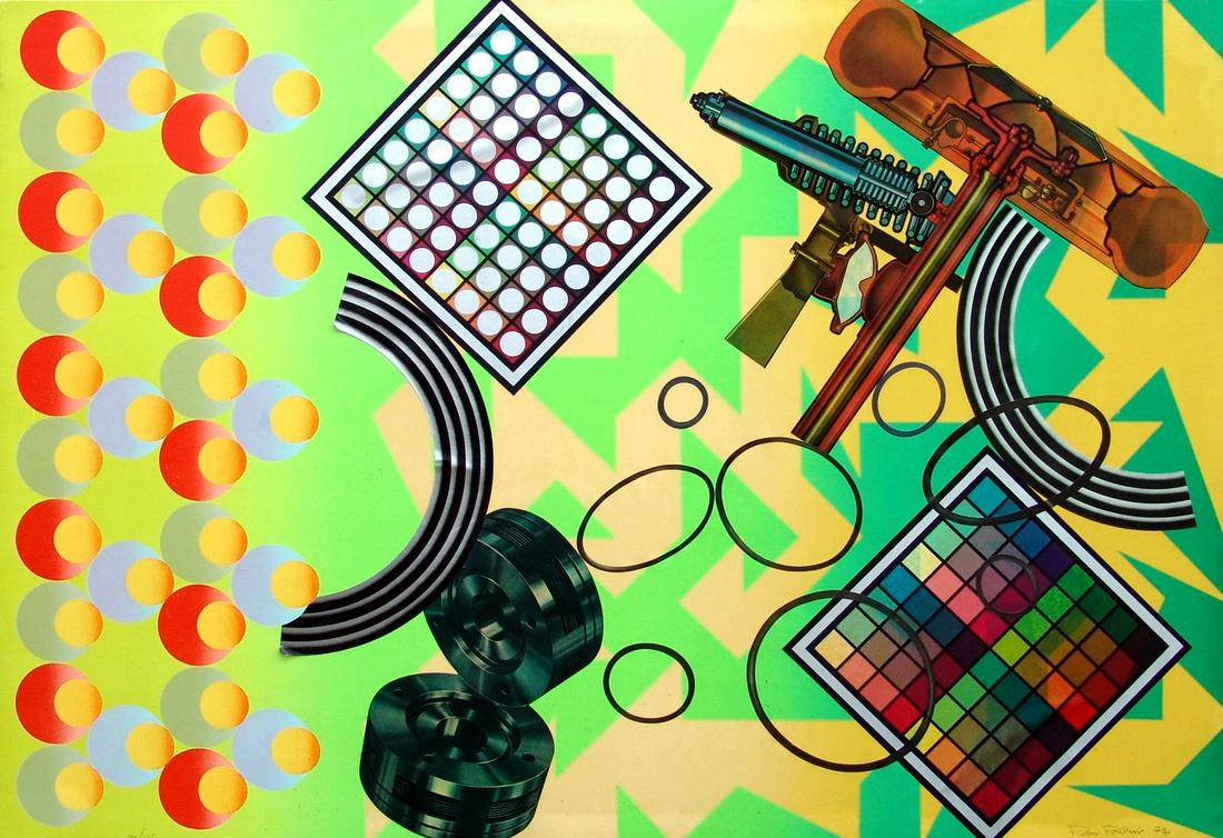 PETER PHILLIPS, senza titolo, 1974: PETER PHILLIPS (1939, Birmingham) [Inghilterra] senza titolo, 1974 serigrafia e collage su tela, 70x100 cm es. 111/125, firma dell'artista in basso a destra, opera con cornice certificato di autentici