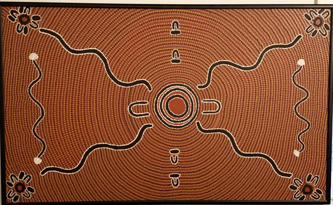 Elizabeth Kemarre - Sans titre 1984: This is an Aboriginal painting by Elizabeth Kemarre created in 1984. On verso, the piece is inscribe by Kenmarre. Based out of Australia and with roots of the other greats of this style, this piece is