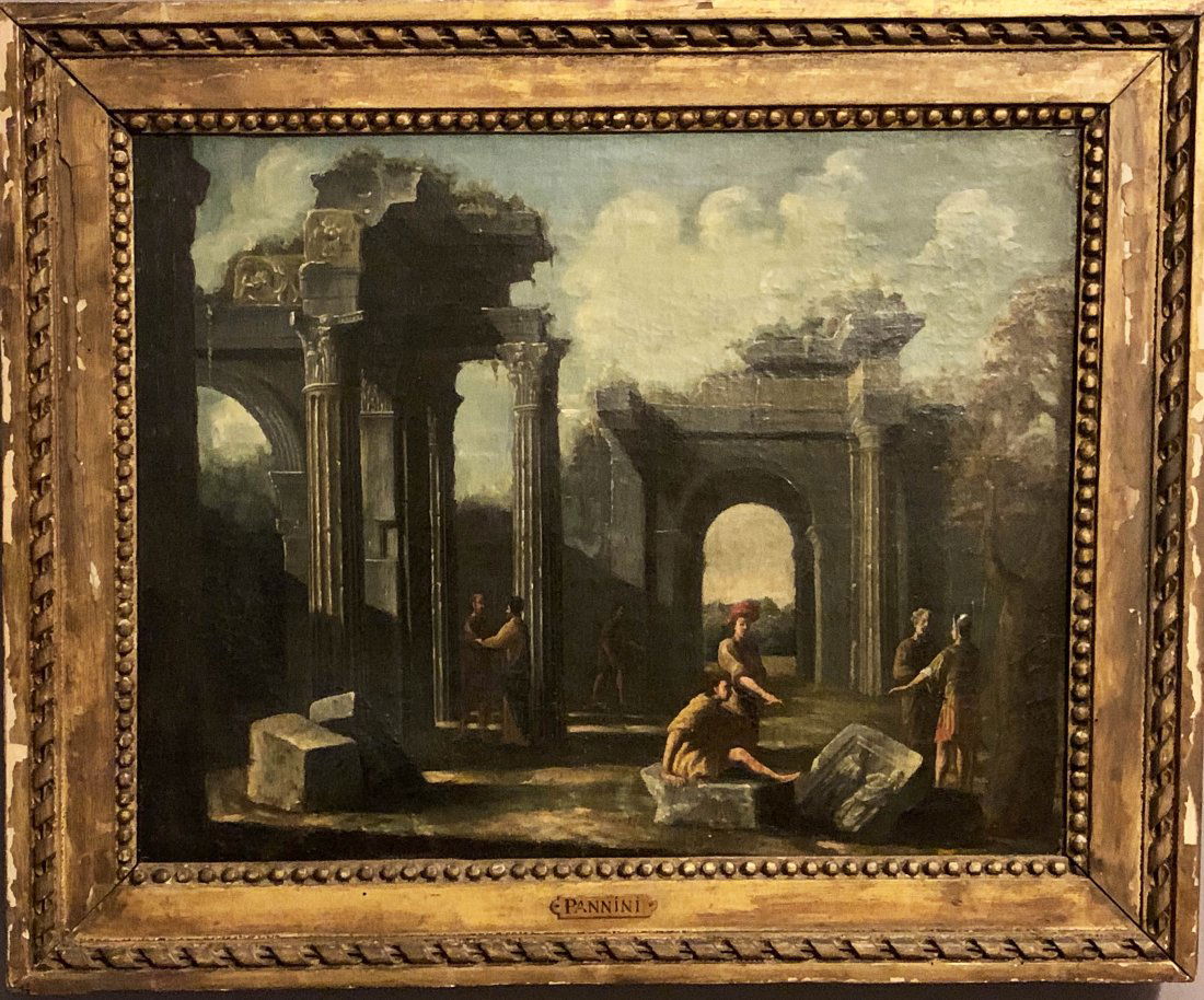 Attribute Giovanni Paolo Panini (1691-1765) The Ruins: In the manner of but likely Giovanni Paolo Panini (1691 to 1765) or maybe, his son Francesco Panini or one of the other pupils at the time in his studio. Plaque on frame on bottom center on front read