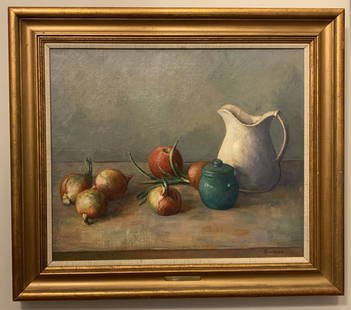 Robert Brackman (1898-1980) Fruit Demonstration: Fruit Demonstration is an original oil by Robert Brackman (1898-1980) depicting a table scene with a pitcher, vegetables and other items. This piece is in great condition and is signed by Brackman on