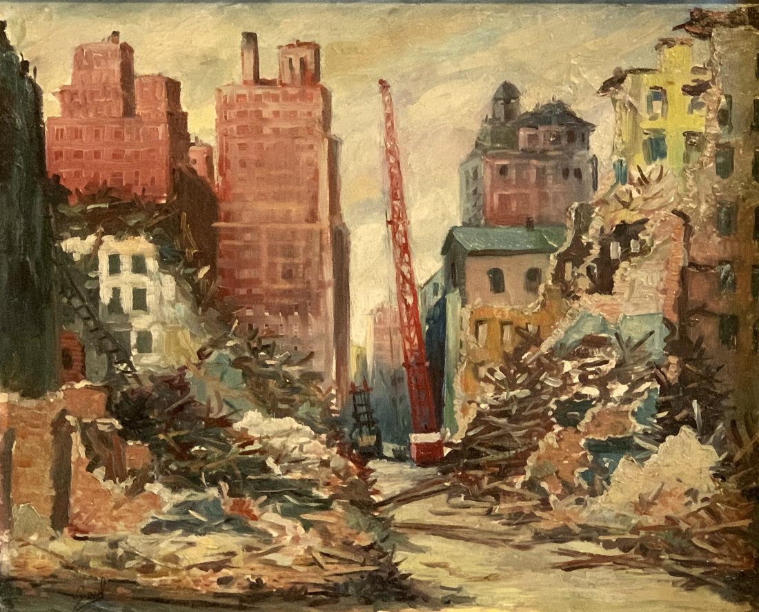 Saul Kovner (1904-1981)"City of Collapse": "City of Collapse" is an original oil painting by Saul Kovner (Saul) (1904 - 1981).This unique piece depicts a scene of collapsed buildings in a city with a crane in the background (Most likely New Yo