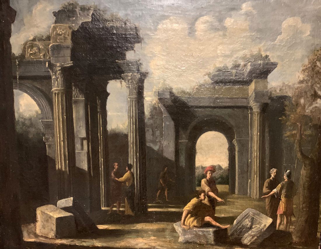 Panini (1691-1765) Le rovine: Le rovine attributed to Giovanni Paolo Panini (1691-1765). Oil on canvas in very old gold painted wood frame. Likely Giovanni Paolo Panini (1691 to 1765) but could be his son, Francesco Panini. Plaque
