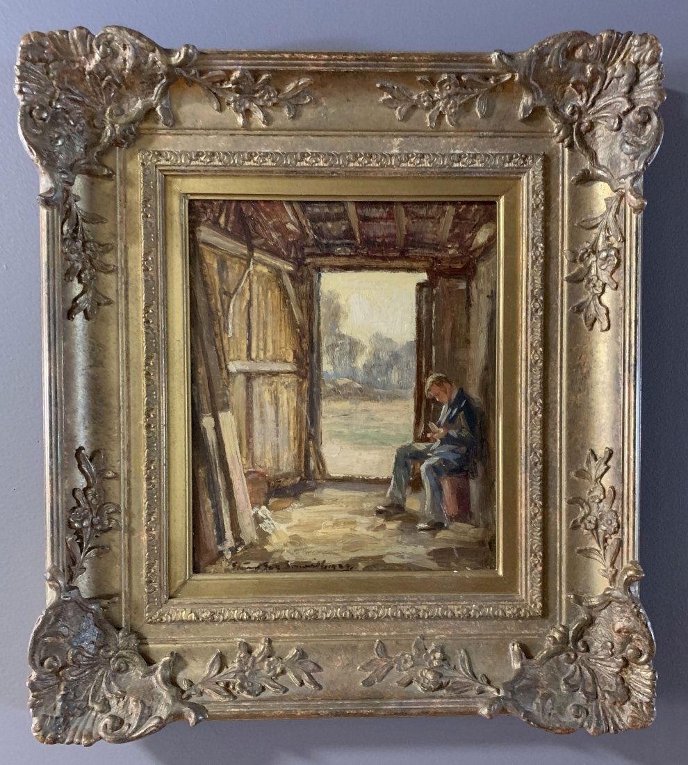 Stuart Somerville (1908 -1983) The Carpenter - 1920s: The Carpenter by Stuart Scott Somerville is an oil on panel depicting a man sitting down inside a barn or cabin whittling on wood. Very unique subject for Somerville. Painting is signed lower left by
