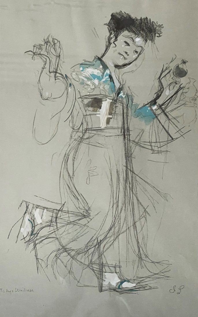 Jack Levine (b. 1915) Tokyo Waitress, 1970: Jack Levine (b. 1915). Self titled Tokyo Waitress, hand signed and titled in pencil by Levine on lower left and right. Watercolor, graphite, and gouache on watermarked paper under mat and glaze in fra