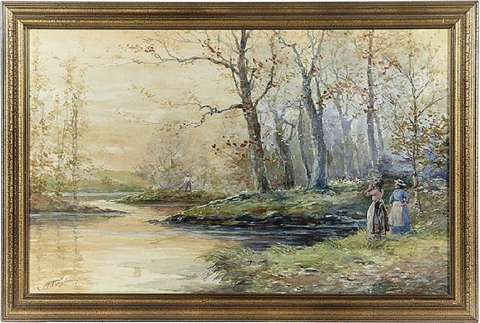 1909 Watercolor by Joseph Conover Claghorn(1869-1947): Call To Dinner by Joseph Conover Claghorn (JC Claghorn) from 1909. Watercolor on paper signed and dated by Claghorn lower left. Scene depicts two women by a riverbank in the forefront appearing to be 