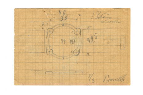 Oskar Barnack Design Sketch: Bleistift auf Papier, ca. 10 x 15 cm, von Oskar Barnack in der rechten unteren Ecke signiert. Pencil on paper, ca. 10 x 15 cm, signed by Oskar Barnack in the lower right. Serial Number: - 