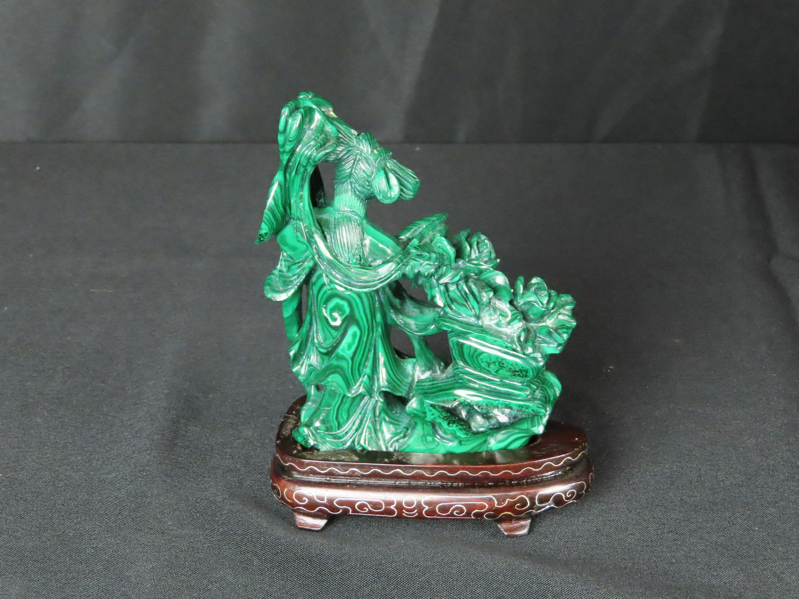 Chinese Export Malachite Statue: Chinese Export Malachite Statue. In excellent condition, on separate woodbase. Local Pick Up or Third Party Shipping Required. 6.5x4.5x3. 2 pounds